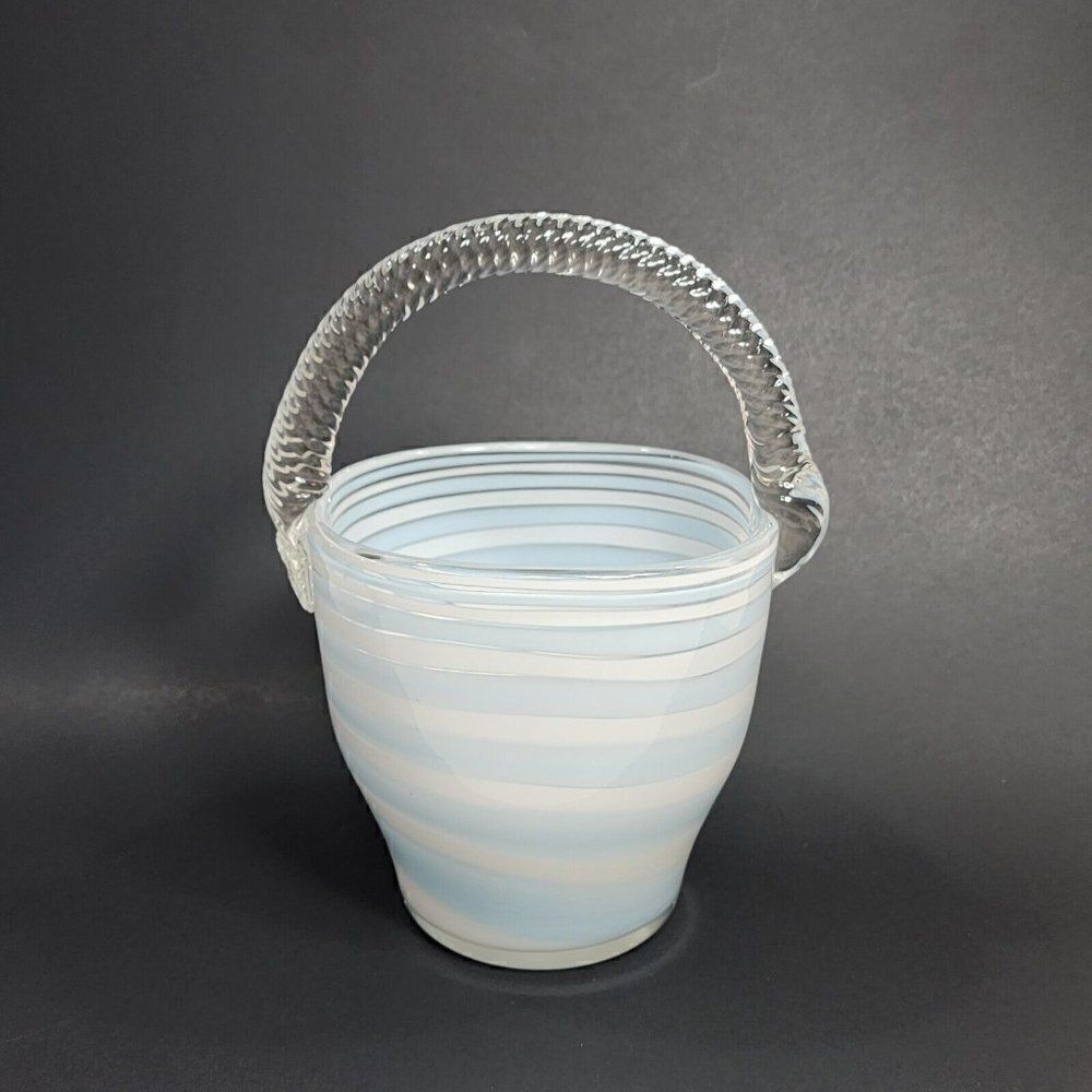 Vintage Italian 8" Art Glass Murano Style Bucket Light Blue Stripes Unique